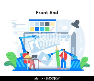 Konzept der Frontend-Entwicklung. Verbesserte Gestaltung der Website-Oberfläche. Programmierung, Codierung und Testen von Webseiten. IT-Beruf. Isolierte flache Vektorillu Stock Vektor