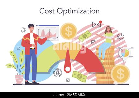 Konzept der Kostenoptimierung. Idee einer Finanz- und Marketingstrategie. Kosten- und Ertragsbilanz. Ausgaben- und Kostensenkung bei gleichzeitiger Maximierung des Geschäfts V Stock Vektor
