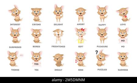 Hundegefühlsausübung. Lustige Cartoon-Emoji. Lächelnd und wütend, traurig und entzückend. Stock Vektor