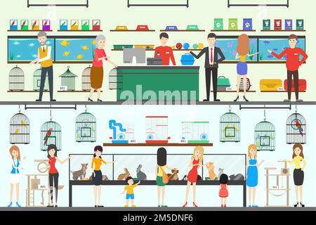 Set aus Tierhandlung. Innenraum des Ladens mit Leuten, die Haustiere oder Fisch kaufen. Stock Vektor