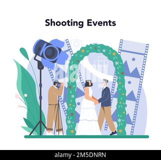 Fotografen-Konzept. Professioneller Fotograf mit Kamera, der Fotos in einem Studio macht. Veranstaltungsfotografie, Hochzeitsfotos. Isolierter flacher Vektor Stock Vektor