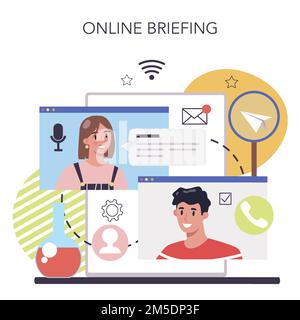 Starten Sie den laufenden Online-Service oder die Plattform. Idee einer neuen Geschäftsstrategie. Gebäude mit Businessplan. Online-Briefing. Isolierte Flachvektorillustrati Stock Vektor