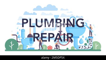 Klempnerreparatur, typografische Kopfzeile. Klempnerservice, professionelle Reparatur und Reinigung von Badezimmerausstattung und Abwassersystemen. Vektordarstellung Stock Vektor