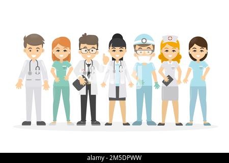 Medizinisches Personal bereit. Arzt und Krankenschwester, Chirurg und Apotheker. Stock Vektor