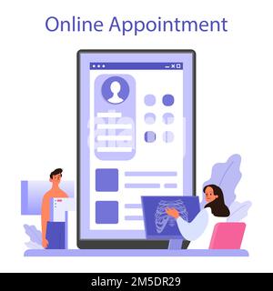 Online-Dienst oder -Plattform für Radiologen. Arzt untersucht Röntgenbild von Computertomographie, MRT und Ultraschall. Online-Terminvereinbarung. Flachvektor illustr Stock Vektor
