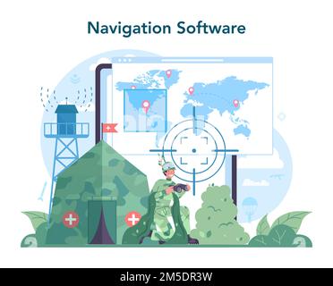 Soldat-Online-Service oder -Plattform. Militarer Angestellter in Tarnung mit einer Waffe. Militärische Ausbildung. Navigationssoftware. Abbildung: Flacher Vektor Stock Vektor