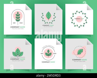 Eine Vektordarstellung von sechs weißen Seiten mit Naturlogos und Texten über ökologische Produkte Stock Vektor