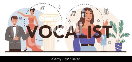 Die Schlagzeile der Schriftart. Der Künstler singt mit dem Mikrofon auf der Bühne. Musikshow, Live-Sound. Vektordarstellung in flacher Form Stock Vektor