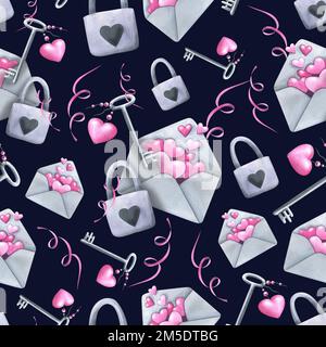 Süße Umschläge mit pinkfarbenen Herzen, grauen Schlüsseln und Schlössern. Aquarelldarstellung. Nahtloses Muster auf dunklem Hintergrund vom VALENTINSTAG Stockfoto