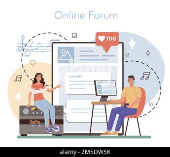 Online-Service oder Plattform für Toningenieure. Musikindustrie, Tonaufnahme mit Studioausrüstung. Online-Forum. Flache Vektordarstellung Stock Vektor