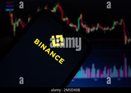 Das Logo der Binance Mobile App wird auf dem Smartphone-Bildschirm angezeigt. Verschwommene Aktiendiagramme im Hintergrund. Afjonkarahisar, Türkei - 23. Dezember 2022. Stockfoto