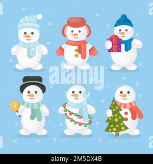 Lustige Schneemänner. Schneemänner in verschiedenen Outfits wie Hut und Schal mit weihnachtsbaum. Stock Vektor