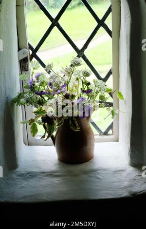 Ein Krug wilder Blumen in einem alten Fenster - John Gollop Stockfoto