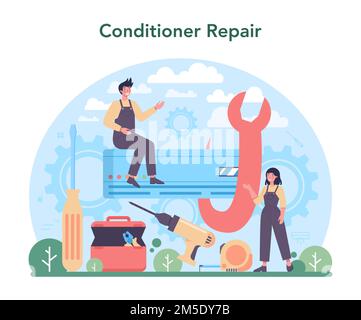 Reparatur- und Installationsservice für Klimaanlagen. Techniker, der den Konditionierer mit Spezialwerkzeugen und -Geräten installiert, untersucht und repariert. Isoliert Stock Vektor