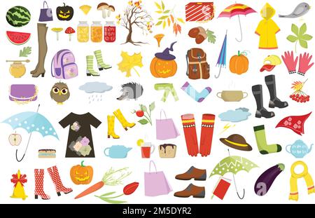 Herbstgeschenke wie Regen, Kleidung, Kürbis und halloween und vieles mehr. Stock Vektor