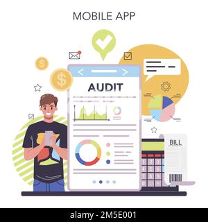 Online-Service oder -Plattform für Auditoren. Spezialist für Betriebsabläufe. Finanzmanagement. Finanzkontrolle. Mobile App. Abbildung eines flachen Vektors Stock Vektor