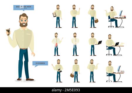 Zeichensatz für Geschäftsleute. Mann mit Bart in verschiedenen Positionen. Stock Vektor