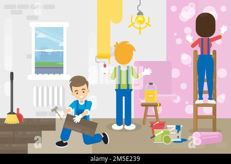 Illustration der Wohnungsrenovierung. Leute reparieren alte Zimmer. Ich mache den Boden. Streichen Sie die Wand. Stock Vektor