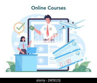 Online-Dienst oder -Plattform des Zollbeamten. Passkontrolle am Flughafen. Sicherheitskontrolle und Registrierung am Flughafen. Online-Kurs. Flach Stock Vektor