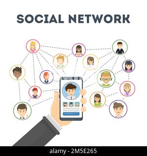 Social-Network-Konzept. Smartphone in der Hand mit Anschlüssen. Stock Vektor