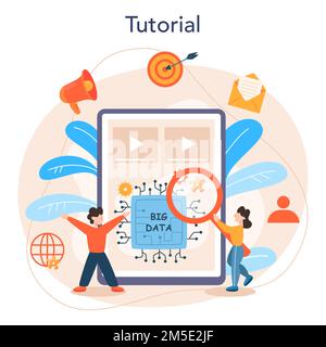 Big-Data-Online-Service oder -Plattform. Moderne Computertechnik. Analyse digitaler Informationen aus dem Internet. Online-Lehrbuch. Isolierte flache vecto Stock Vektor