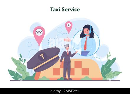 Taxi Service Konzept. Gelber Taxiwagen. Kfz-Fahrerhaus mit Fahrer im Inneren. Idee des öffentlichen Nahverkehrs. Isolierte flache Abbildung Stock Vektor