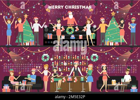 Frohe weihnachtsfeier. Die Leute haben Spaß im Club mit Santa dj. Stock Vektor