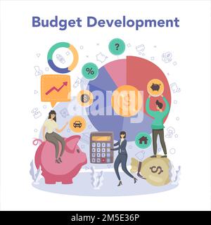 Finanzberater. Budgetentwicklung. Vorstellung von Finanzplanung und Wohlergehen. Währungsbilanz und Einkommen. Kostenersparnis. Isolierter Flachillustr Stock Vektor