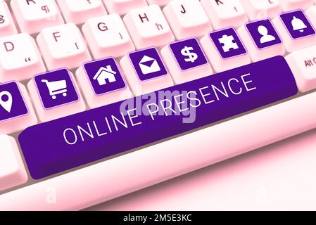 Text wird geschrieben Online-Präsenz wird angezeigt. Geschäftsbegriff Existenz einer Person, die über eine Online-Suche gefunden werden kann Stockfoto