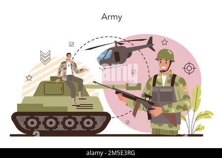 Soldatenkonzept. Militarer Angestellter in Tarnung mit einer Waffe. Ausrüstung und Technologie der Armee. Kriegsstrategie und -Taktik. Isolierter flacher Vektor il Stock Vektor