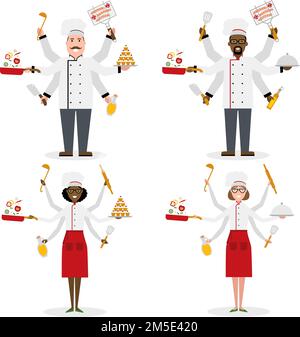 Multitasking-Köche mit sechs Händen stehen und halten Kuchen, Kelle, Paddel, Pfanne mit Vegetaben, Öl und Walznadel. Erfolgreicher Koch. Restaurant che Stock Vektor