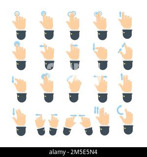 Handgesten eingestellt. Hand in Anzug mit Techno-Gesten als Wischen, Ziehen und Klicken. Stock Vektor