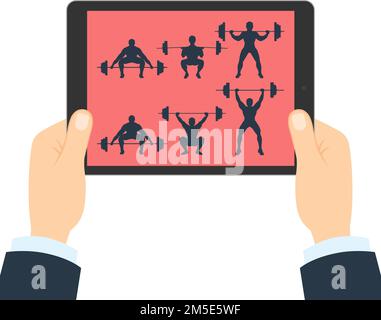 Fitness-App für Tablet. Die Hände halten die Tablette. Bodybuilding-App. Anleitung zum Squat mit Gewichten. Stock Vektor