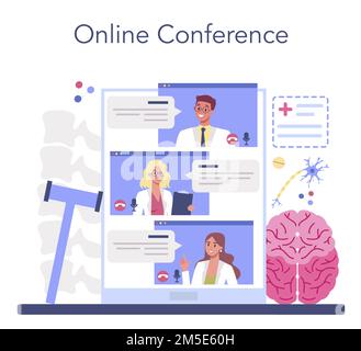 Online-Service oder -Plattform für Neurologen. Doktor untersucht menschliches Gehirn. Medizinische MRT-Diagnostik und -Beratung. Onlinekonferenz. Flache Vektordarstellung Stock Vektor