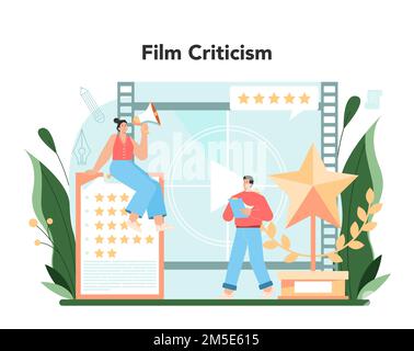Professionelles Kritikerkonzept. Journalistin, die Kunstwerke bewertet und bewertet. Facharzt, der eine Meinung zu kreativen Werken abgibt. Abbildung eines flachen Vektors Stock Vektor