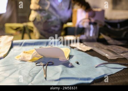 Medizinische Versorgung bereit als Sanitäter des 2. Bataillons, 34. Armored Regiment, 1. Armored Brigade Combat Team, 1. Infanteriedivision, Vorbereitung auf die Ausbildung während des Saber Strike 22 im Militärgebiet Hradiště, Nordwesten der Tschechischen Republik, 06. März 2022. Stockfoto