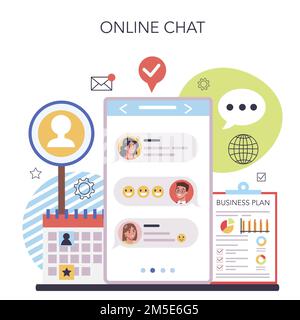 Starten Sie den laufenden Online-Service oder die Plattform. Idee einer neuen Geschäftsstrategie. Gebäude mit Businessplan. Online-Chat. Darstellung isolierter flacher Vektoren Stock Vektor