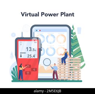 Online-Service oder Plattform für die Holzindustrie. Holztrocknung als forstwirtschaftliche Produktionslinie. Trocknersteuerung. Online-VPP. Illustration des isolierten flachen Vektors Stock Vektor