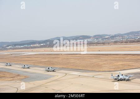 Mehrere A-10 Thunderbolt II-Jets mit dem 25. Fighter Squadron säumen die Startbahn auf der Osan Air Base, Republik Korea, 7. März 2022. Die A-10 wurde für die Nahunterstützung (CAS) von befreundeten Bodentruppen, das Eingreifen von gepanzerten Fahrzeugen und Panzern und die schnelle Unterstützung gegen feindliche Bodentruppen entwickelt. Es wurde 1976 in Dienst gestellt und ist das einzige in Produktion gebaute Flugzeug, das in der US-Luftwaffe eingesetzt wurde und ausschließlich für CAS konzipiert wurde. Stockfoto