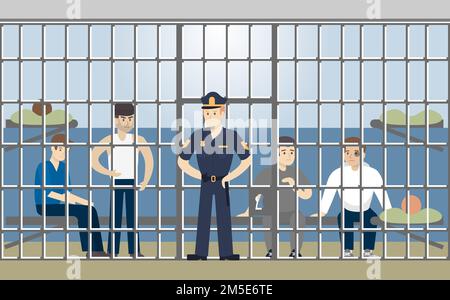 Gefängnis im Polizeigebäude. Schuldige Leute in der Zelle. Stock Vektor