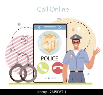 Polizeibeamter online Service oder Plattform. Detective führt Verhöre durch. Ein Polizist patrouilliert die Stadt und kümmert sich um den Verkehr. Online-Anruf. Flacher Vektor il Stock Vektor