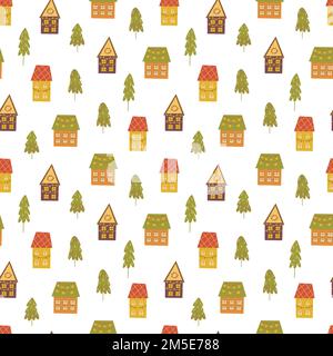 Nahtloses Muster mit süßen, gemütlichen Häusern, dekoriert für Weihnachten und Neujahr und Weihnachtsbaum. Vektor farbenfrohe Illustration handgezeichnet. Winterurlaub Stock Vektor