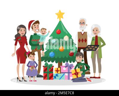 Familie mit weihnachtsbaum. Fröhliche lächelnde Familie in weihnachtskostümen mit Geschenkboxen. Stock Vektor