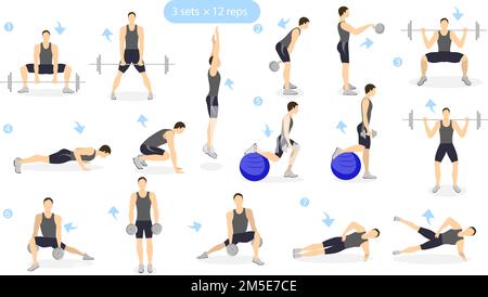 Bein-Workout auf weißem Hintergrund. Ein Mann, der Übungen zeigt. Kardio und Gewichte. Stock Vektor