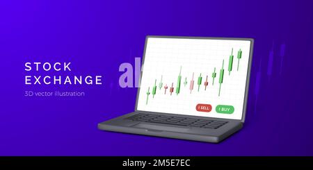 3D Börse mit Laptop. Kerzenhalter-Diagramm und Kauf- und Verkaufsoptionen. Konzept der Online-Handels- und Finanzanalyse. Banner für Unternehmen. Vektor Stock Vektor