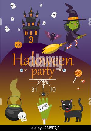 Halloween-Party-Poster. Gruselige Hexe, schwarze Katze und Schloss. Ende oktober. Stock Vektor