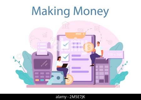 Geldverdiener-Konzept. Vorstellung von Unternehmensentwicklung und Investitionen. Handelsfortschritt und Gewinneinkommen. Vektordarstellung im Cartoon-Stil Stock Vektor