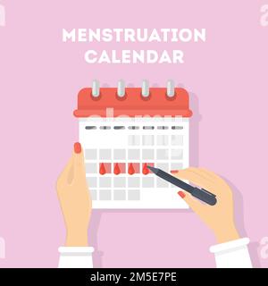 Darstellung des Menstruationskalenders. Rote Zeichen des Menstruationszyklus. Stock Vektor