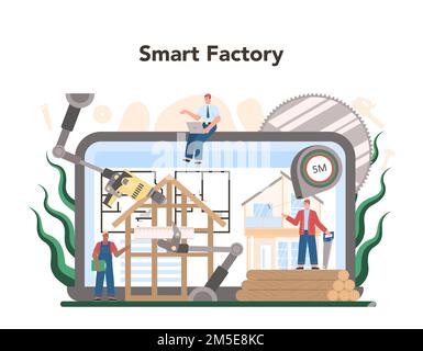 Online-Service oder -Plattform für Holzindustrie und Holzproduktion. Holzeinschlag- und Holzbearbeitungsprozess. Forstwirtschaft. Intelligente Fabrik. Flachvektorillus Stock Vektor