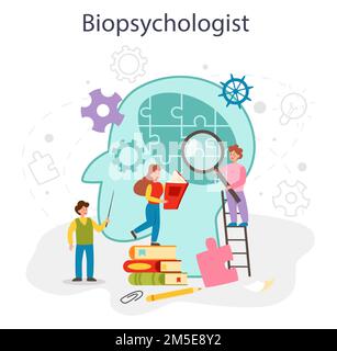 Biopsychologischer Konzeptsatz. Schüler lernen die Wissenschaft von Geist und Verhalten. Biologische Beeinflussung der psychischen und emotionalen Gesundheit von Menschen. Flacher Vektor i Stock Vektor